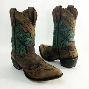 Dan Post Vtg Bluebird Chocolate Brown Teal Blue Green Cowboy Boots Kids Youth 3